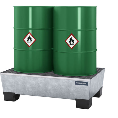 Steel sump tray with plastic feet, LxWxH 1240 x 815 x 360 mm, hot dip galvanised, with grate.