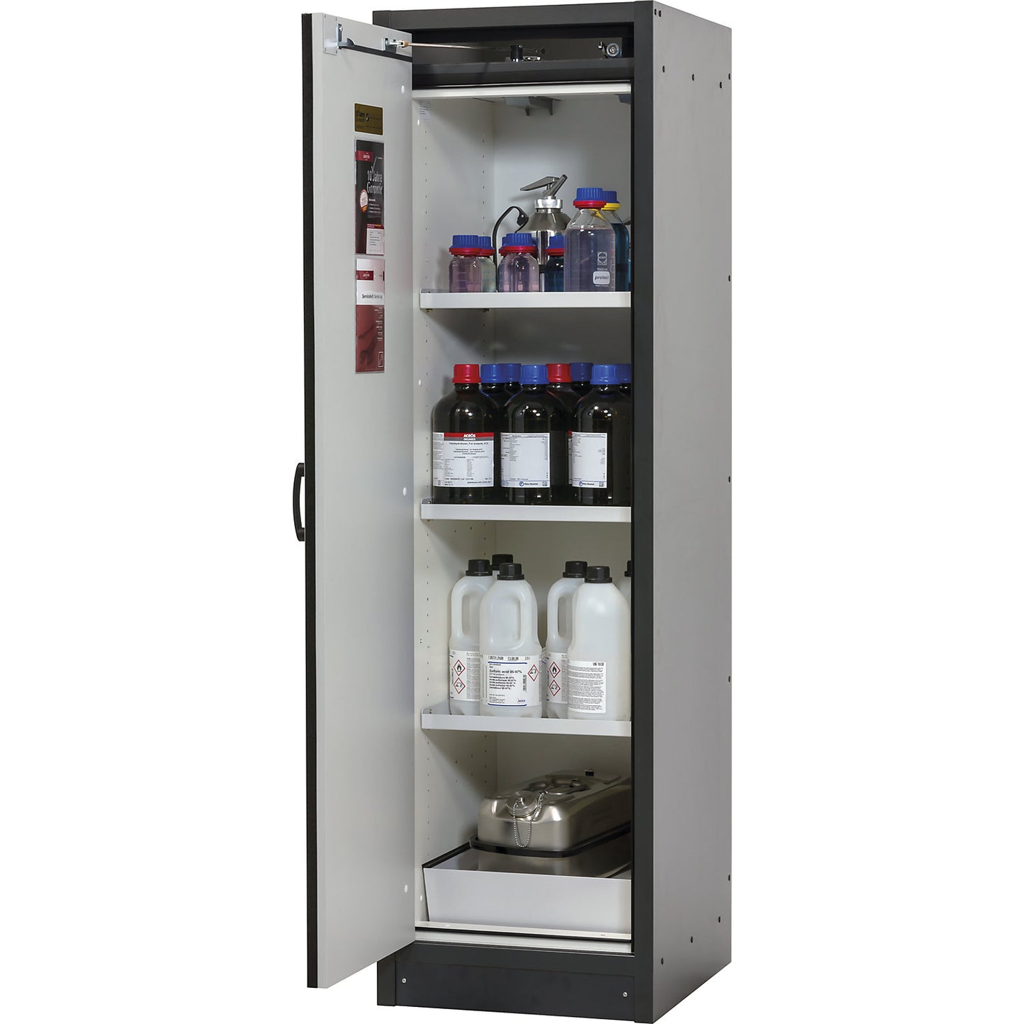 Fire resistant hazardous goods cupboard, type 30, 1-door, width 564 mm, light grey.