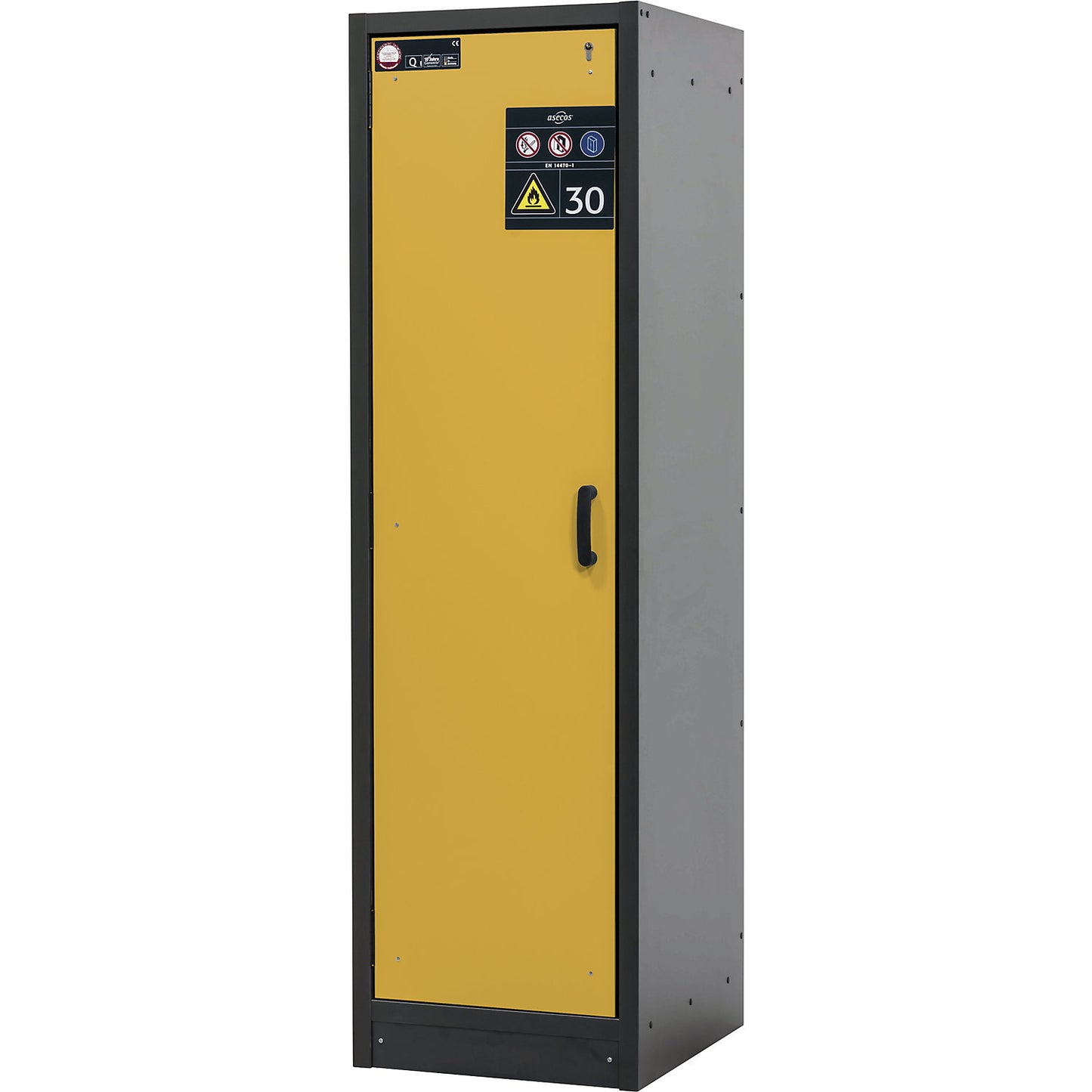 Fire resistant hazardous goods cupboard, type 30, 1-door, width 564 mm, gold yellow.