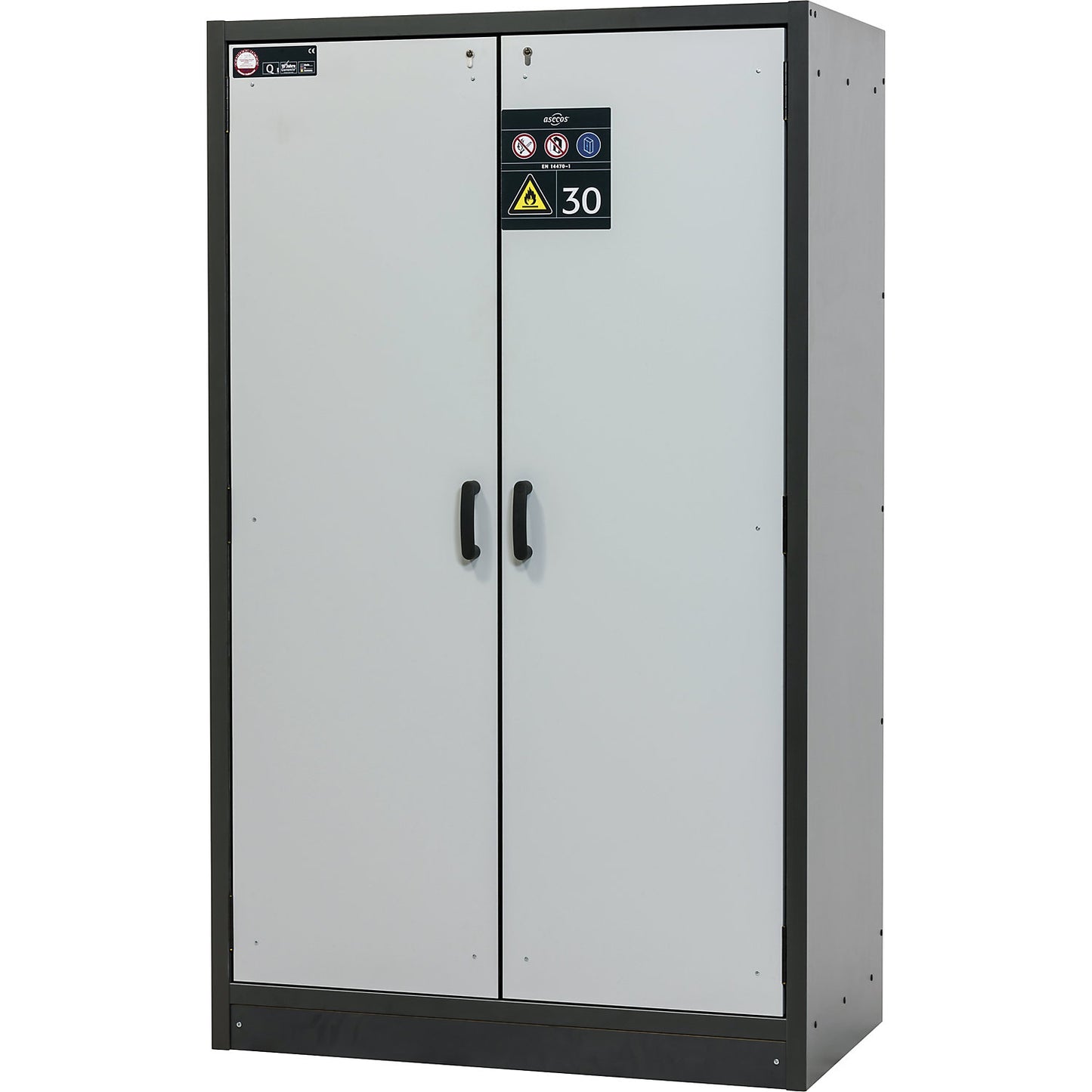 Fire resistant hazardous goods cupboard, type 30, 2-door, width 1164 mm, light grey.