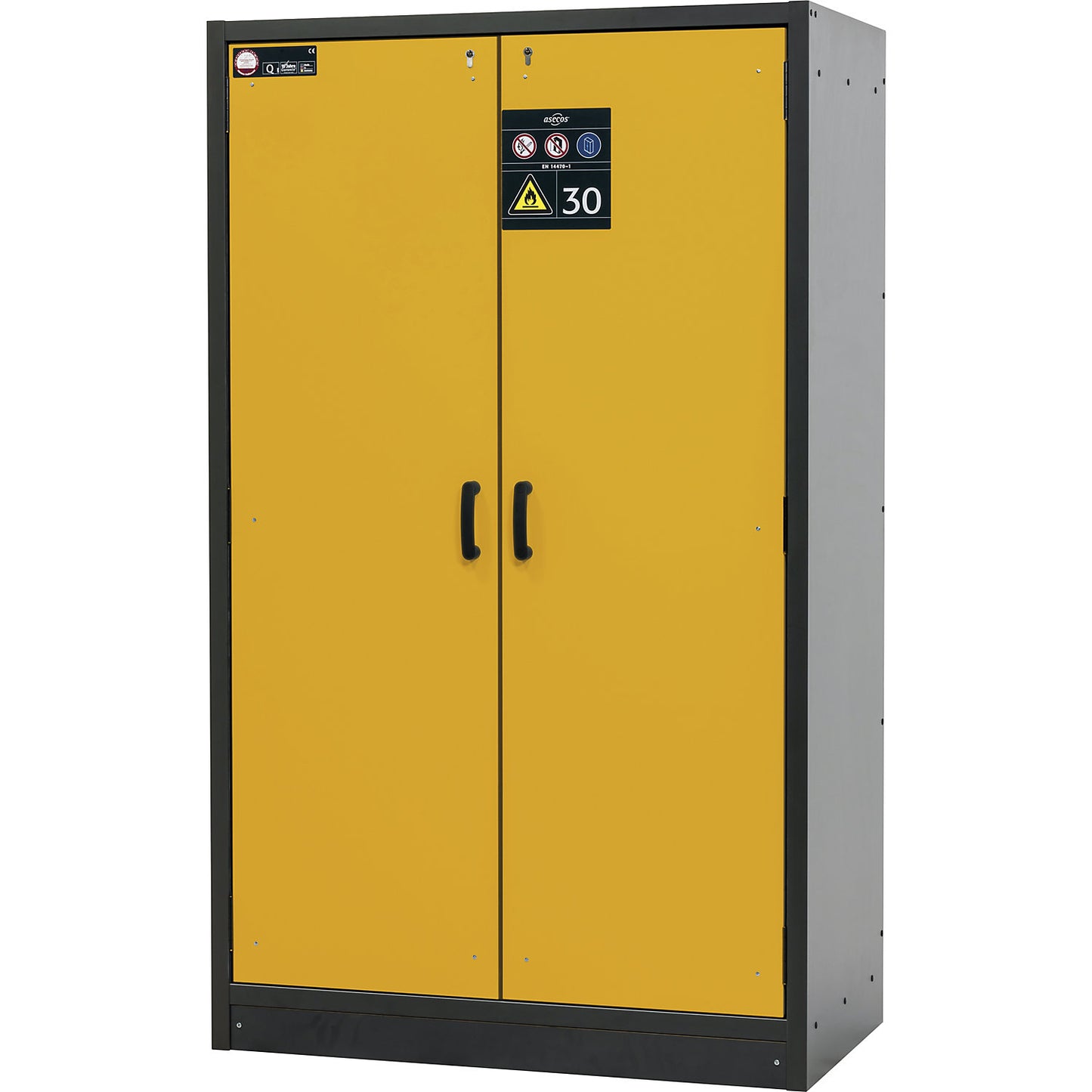 Fire resistant hazardous goods cupboard, type 30, 2-door, width 1164 mm, gold yellow.