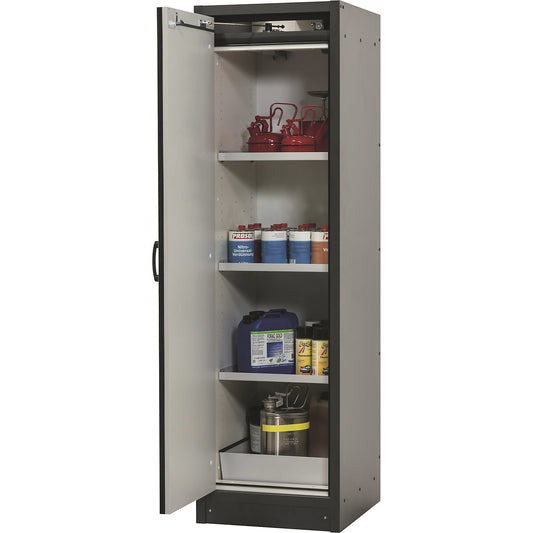 Fire resistant hazardous goods storage cupboard type 30, 1 door, 3 shelves, light blue door.