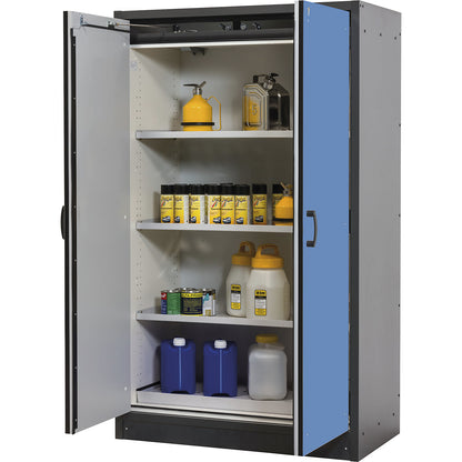 Fire resistant hazardous goods storage cupboard type 30, 2 doors, 3 shelves, light blue doors.