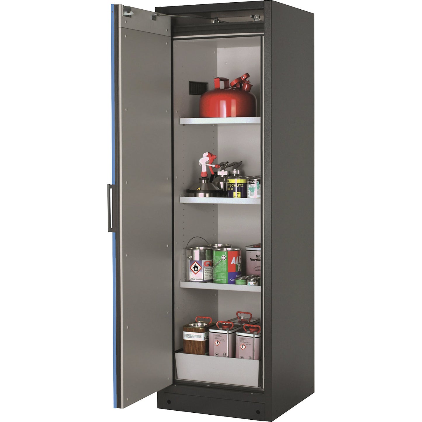 Fire resistant hazardous goods storage cupboard type 90, 1 door, 3 shelves, light blue door.