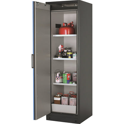 Fire resistant hazardous goods storage cupboard type 90, 1 door, 3 shelves, light blue door.