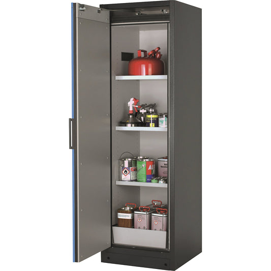 Fire resistant hazardous goods storage cupboard type 90, 1 door, 3 shelves, light blue door.