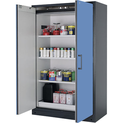 Fire resistant hazardous goods storage cupboard type 90, 2 doors, 3 shelves, light blue doors.