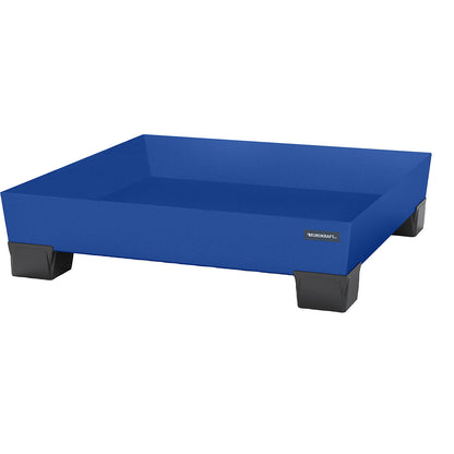 Steel sump tray with plastic feet, LxWxH 1240 x 1210 x 295 mm, blue, without grate.