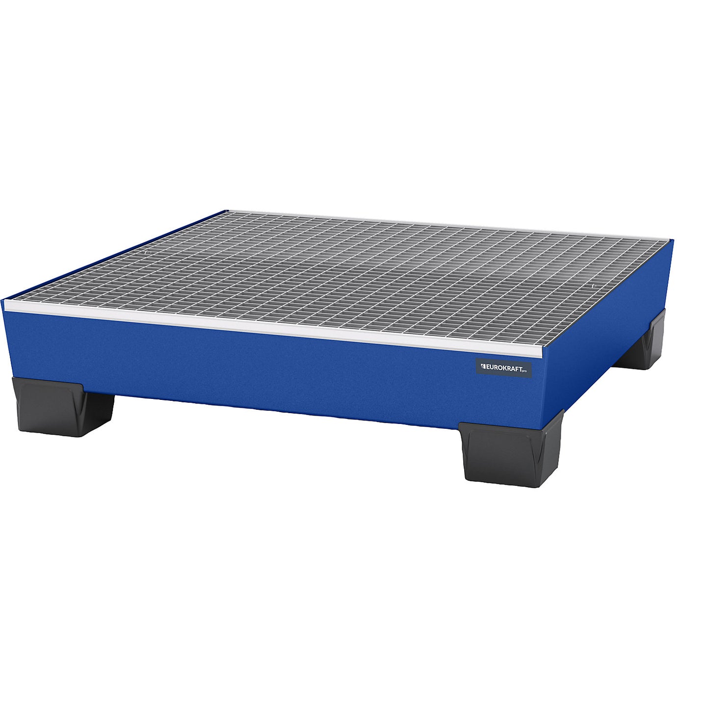 Steel sump tray with plastic feet, LxWxH 1240 x 1210 x 295 mm, blue, with grate.