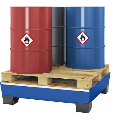 Steel sump tray with plastic feet, LxWxH 1240 x 1210 x 295 mm, blue, without grate.