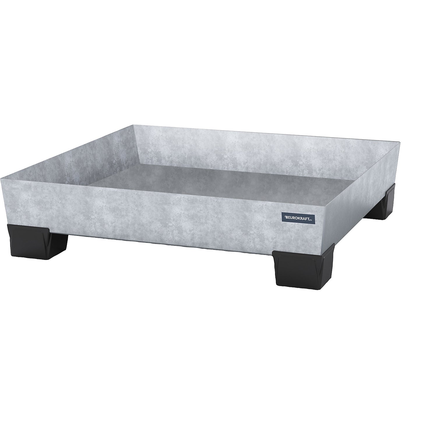 Steel sump tray with plastic feet, LxWxH 1240 x 1210 x 295 mm, hot dip galvanised, without grate.