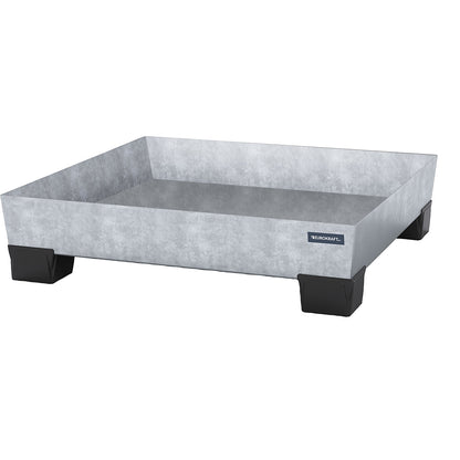 Steel sump tray with plastic feet, LxWxH 1240 x 1210 x 295 mm, hot dip galvanised, without grate.