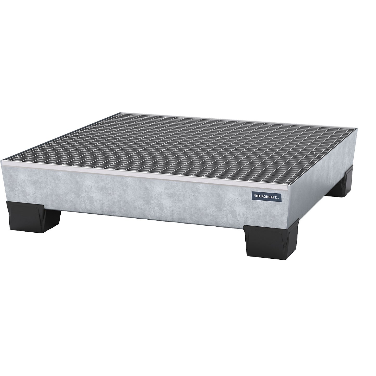 Steel sump tray with plastic feet, LxWxH 1240 x 1210 x 295 mm, hot dip galvanised, with grate.