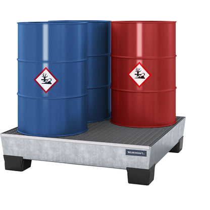 Steel sump tray with plastic feet, LxWxH 1240 x 1210 x 295 mm, hot dip galvanised, with grate.