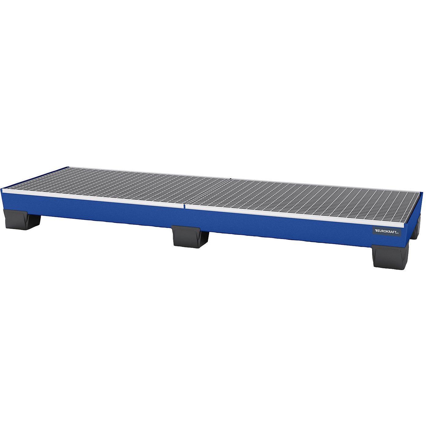 Steel sump tray with plastic feet, LxWxH 2470 x 815 x 255 mm, blue, with grate.