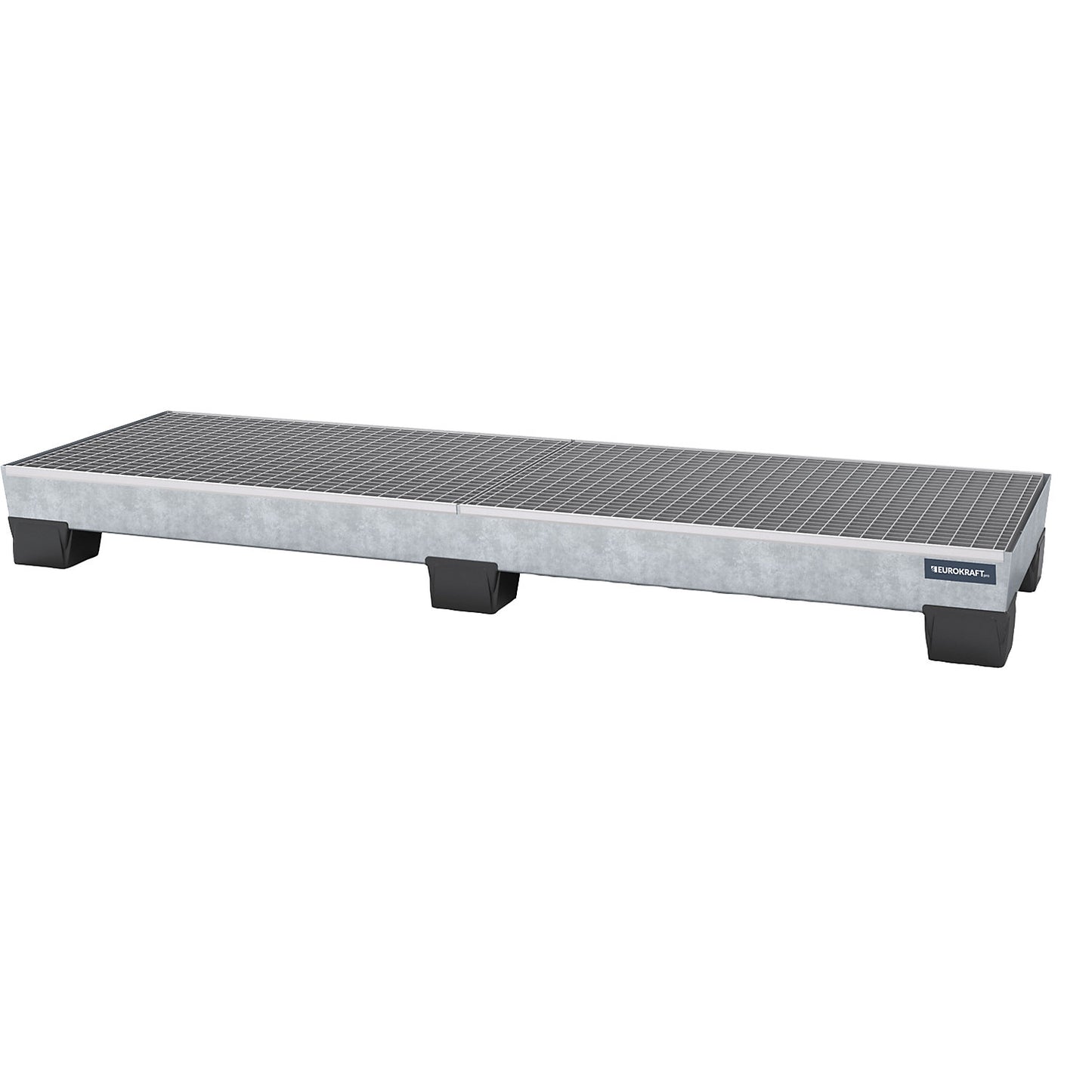 Steel sump tray with plastic feet, LxWxH 2470 x 815 x 255 mm, hot dip galvanised, with grate.