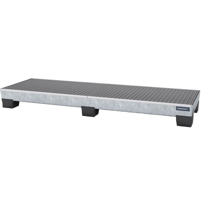 Steel sump tray with plastic feet, LxWxH 2470 x 815 x 255 mm, hot dip galvanised, with grate.