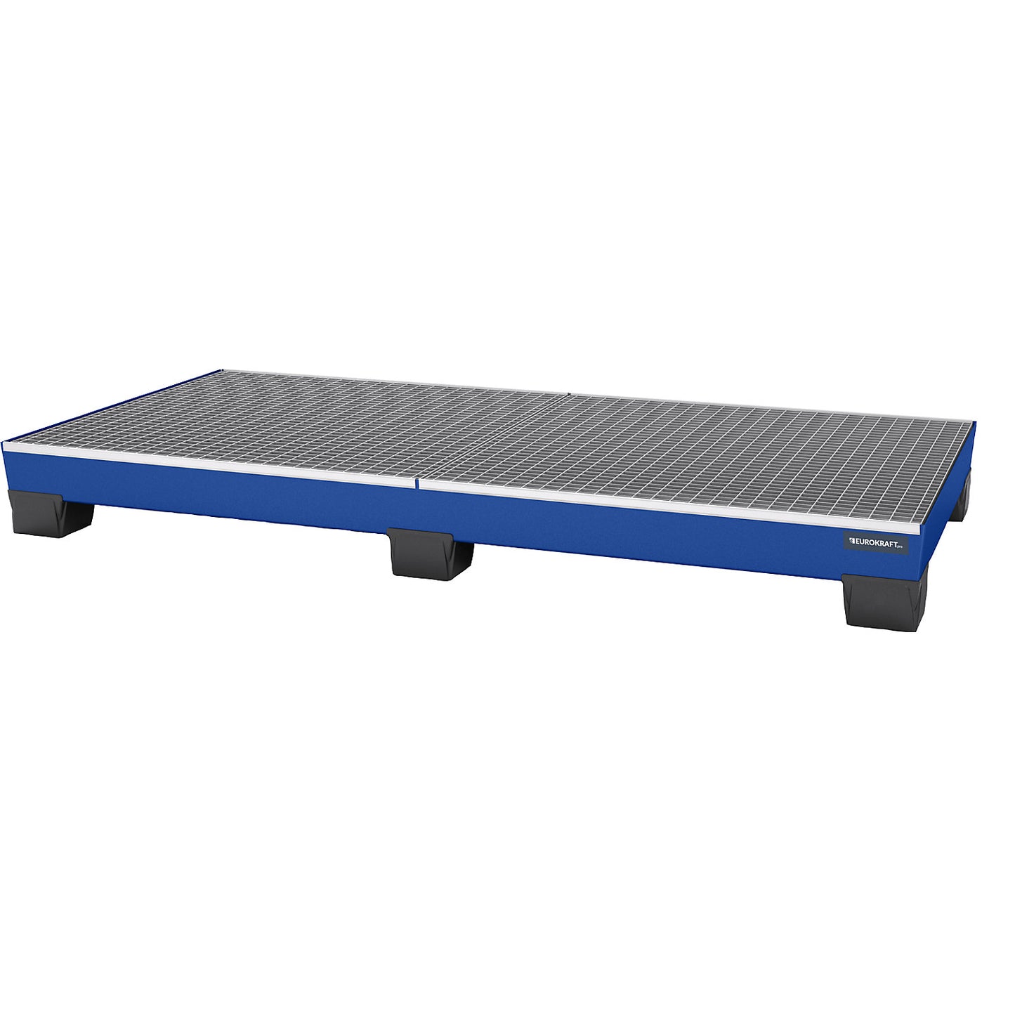 Steel sump tray with plastic feet, LxWxH 2460 x 1210 x 260 mm, blue, with grate.