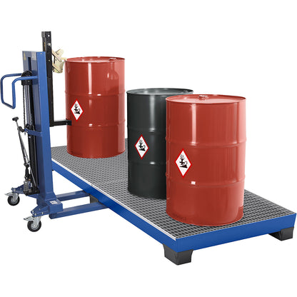 Steel sump tray with plastic feet, LxWxH 2460 x 1210 x 260 mm, blue, with grate.