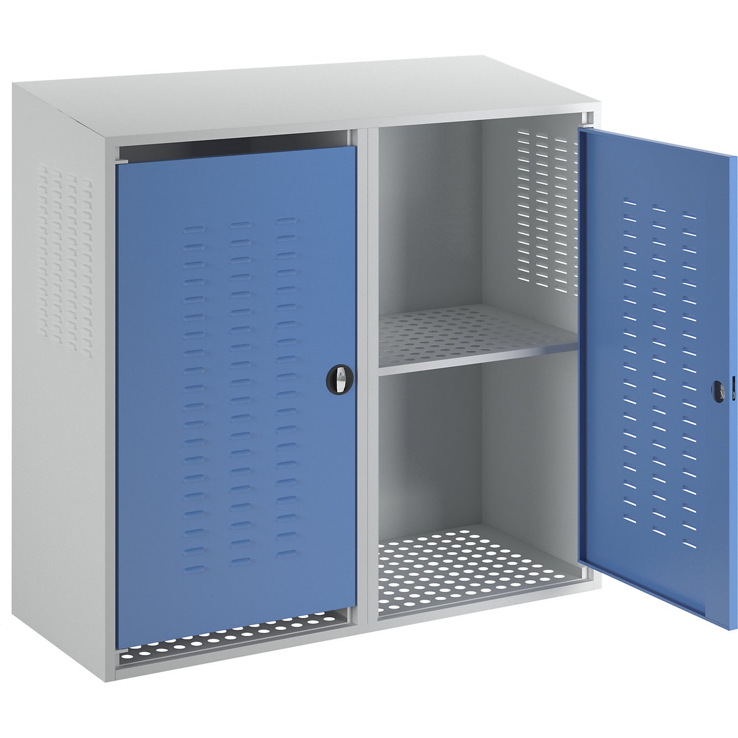 Gas cylinder cupboard, 2 doors, height at back 1600 mm, front 1500 mm.
