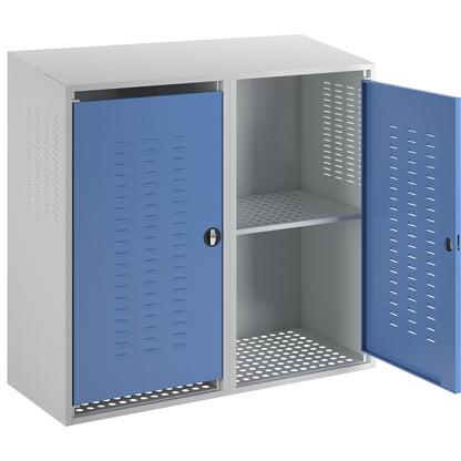 Gas cylinder cupboard, 2 doors, height at back 1600 mm, front 1500 mm.