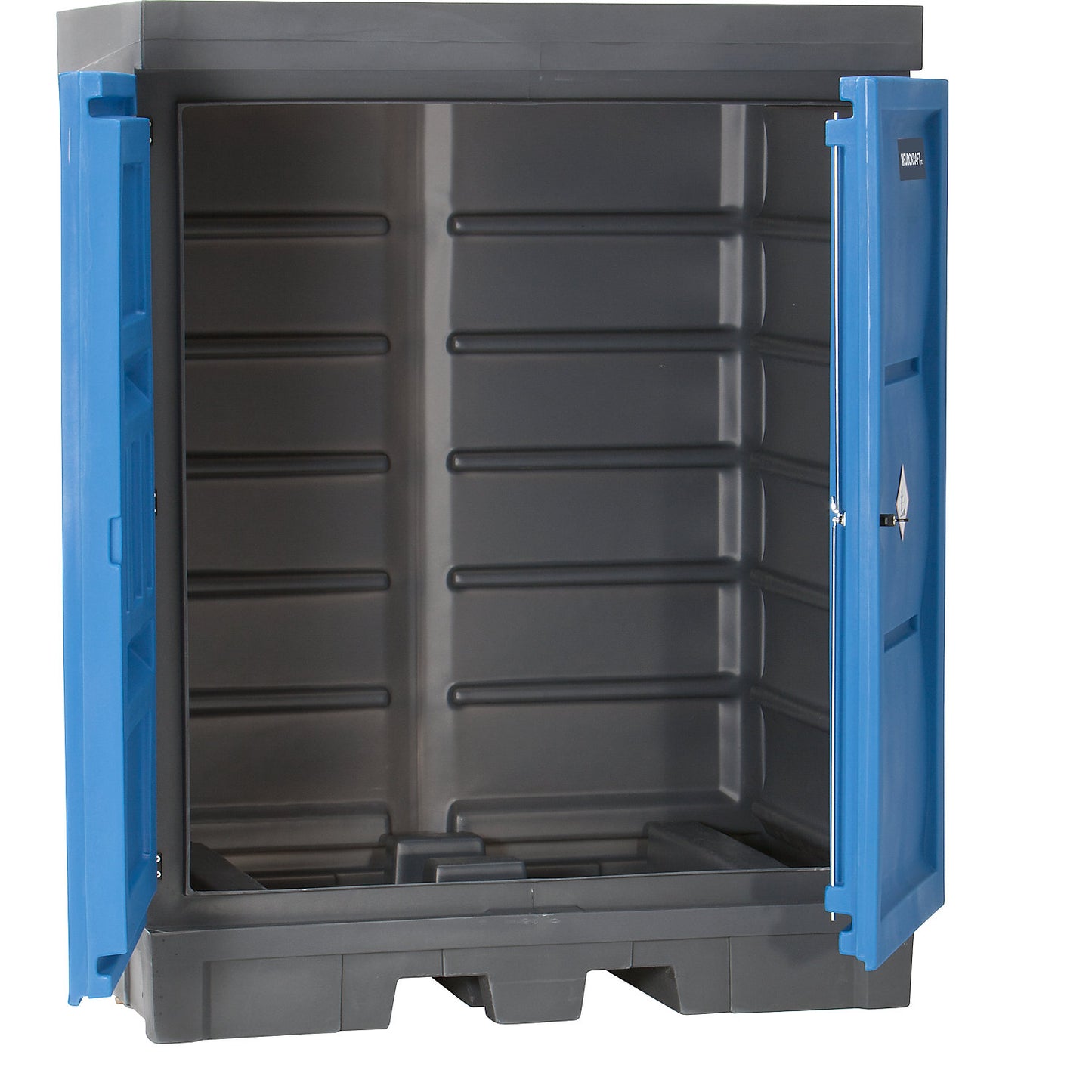PE hazardous goods storage depot with doors, for 2 x 200 l drums, collection capacity 250 l.