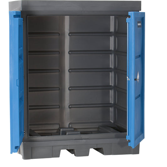 PE hazardous goods storage depot with doors, for 2 x 200 l drums, collection capacity 250 l.