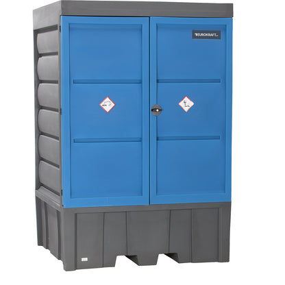 PE hazardous goods storage depot with doors, for 4 x 200 l drums, collection capacity 1150 l.
