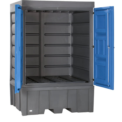 PE hazardous goods storage depot with doors, for 4 x 200 l drums, collection capacity 1150 l.