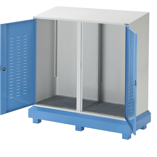 Drum and small container hazardous goods storage, 2-door, with sloping roof.