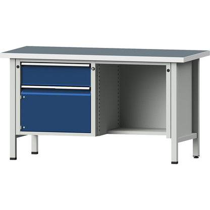 Workbench, Series V frame construction, 1 drawer, door 360 mm, ½ shelf, universal worktop, partial extension.