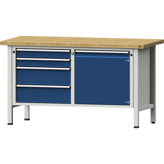 Workbench, Series V frame construction, 4 drawers, door 540 mm, solid beech, partial extension.