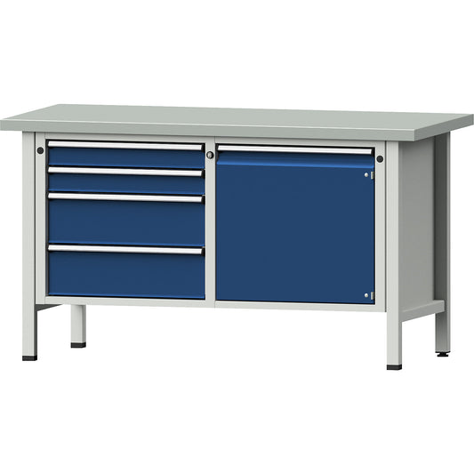 Workbench, Series V frame construction, 4 drawers, door 540 mm, sheet steel covering, partial extension.