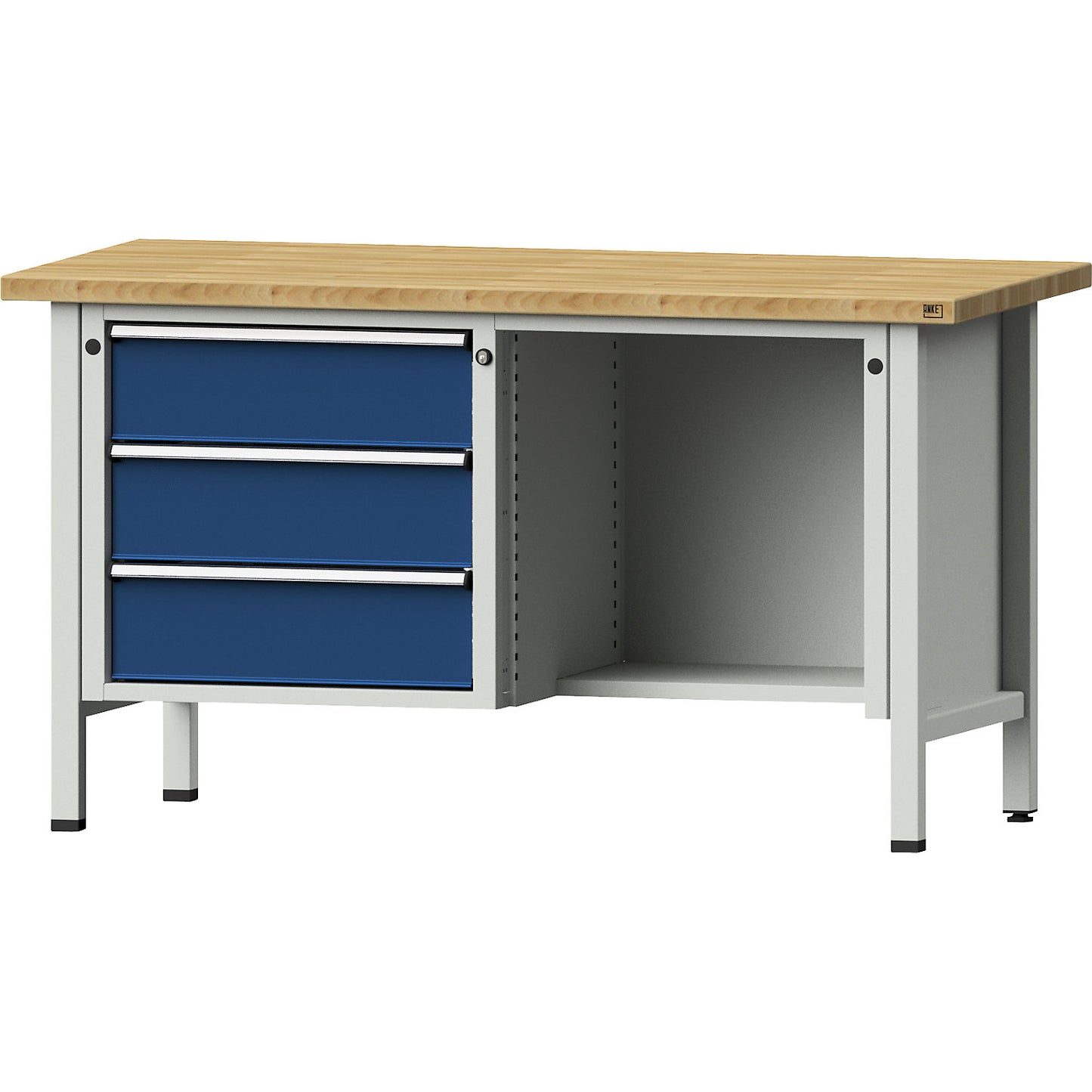 Workbench, Series V frame construction, 3 drawers, ½ shelf, solid beech, partial extension.