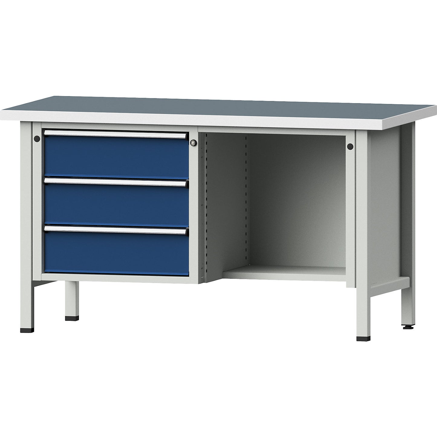 Workbench, Series V frame construction, 3 drawers, ½ shelf, universal worktop, partial extension.