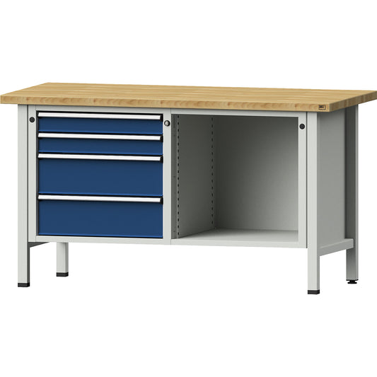 Workbench, Series V frame construction, 4 drawers, 1 shelf, solid beech, height 840 mm.