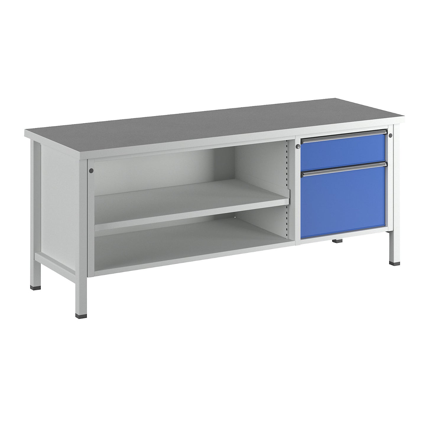 Workbench, Series V frame construction, 1 drawer 180 mm, 1 drawer 360 mm, universal worktop, full extension.