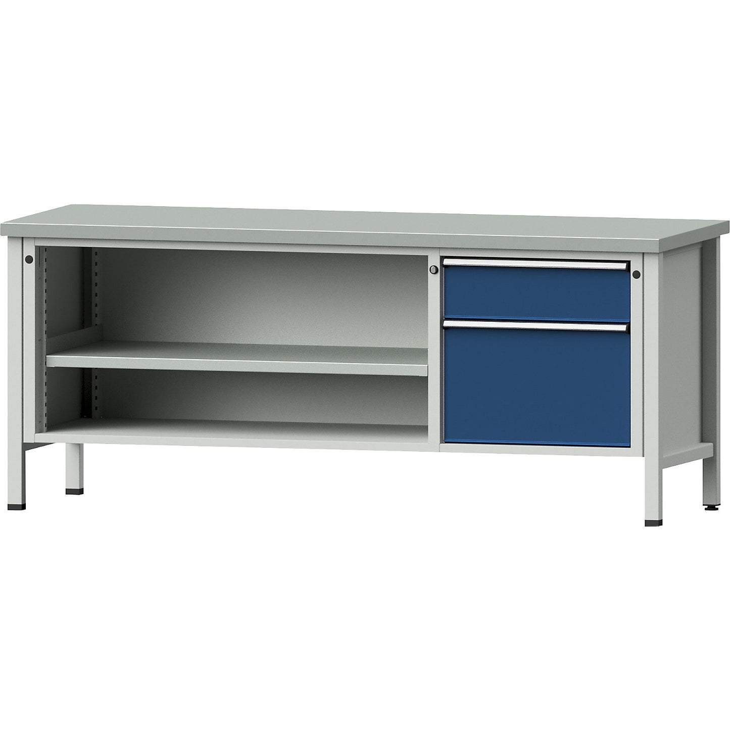 Workbench, Series V frame construction, 1 drawer 180 mm, 1 drawer 360 mm, sheet steel covering, full extension.