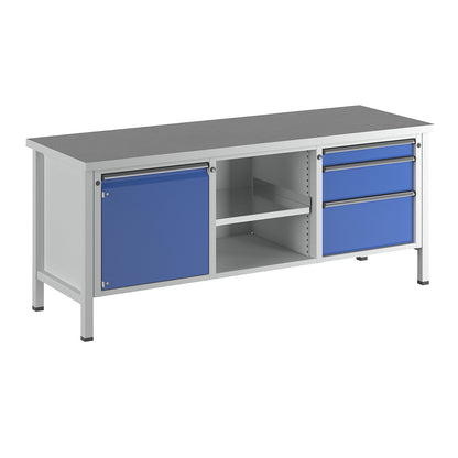Workbench, Series V frame construction, 1 door 540 mm, 3 drawers, universal worktop, full extension.