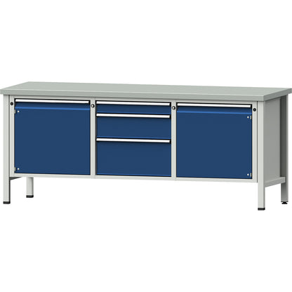Workbench, Series V frame construction, 2 doors 540 mm, 3 drawers, sheet steel covering, partial extension.