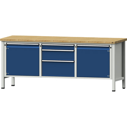 Workbench, Series V frame construction, 2 doors 540 mm, 3 drawers, solid beech, full extension.