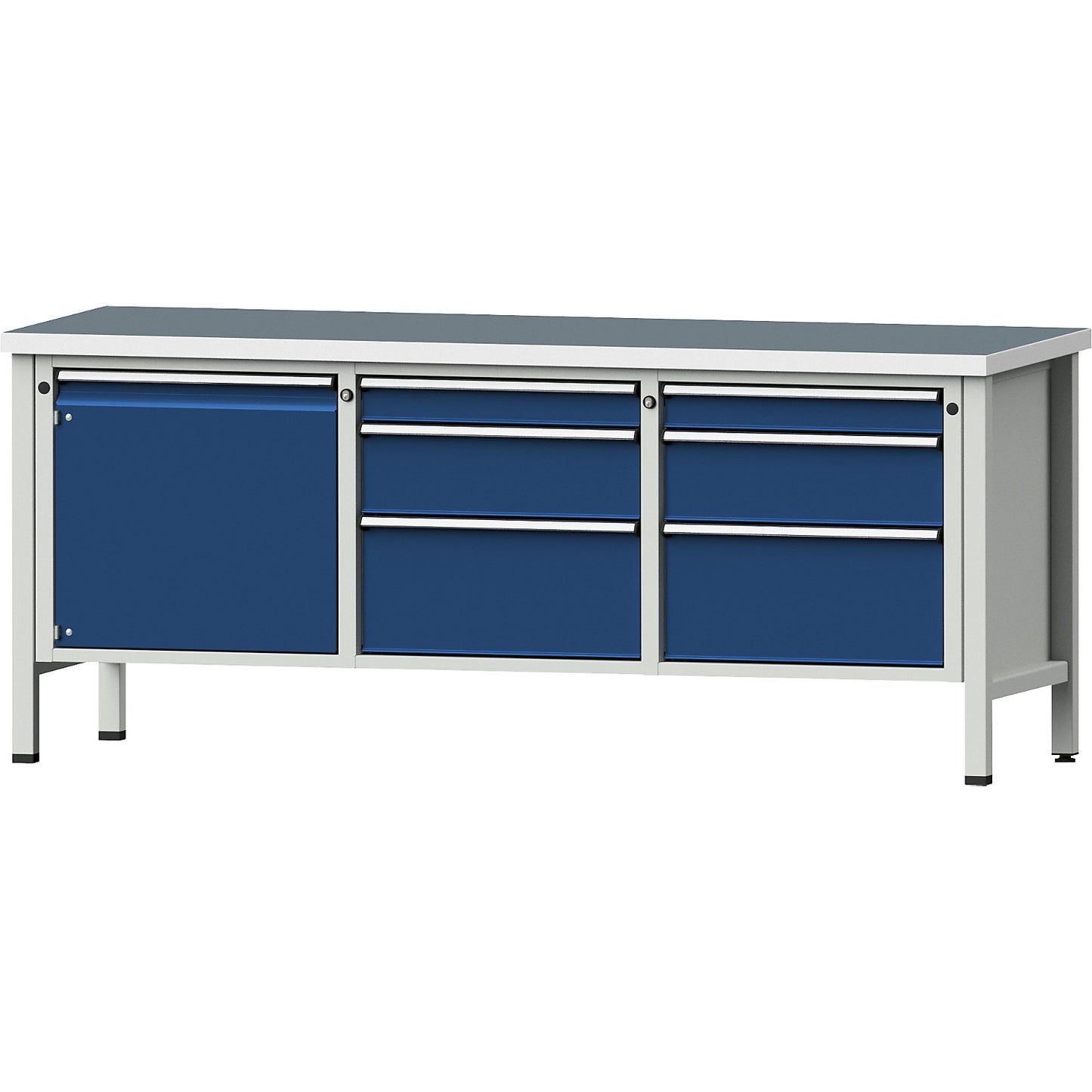 Workbench, Series V frame construction, 1 door 540 mm, 6 drawers, universal worktop, partial extension.
