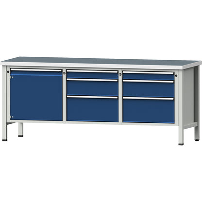 Workbench, Series V frame construction, 1 door 540 mm, 6 drawers, universal worktop, partial extension.
