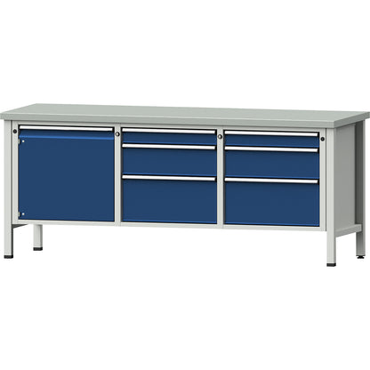 Workbench, Series V frame construction, 1 door 540 mm, 6 drawers, sheet steel covering, partial extension.