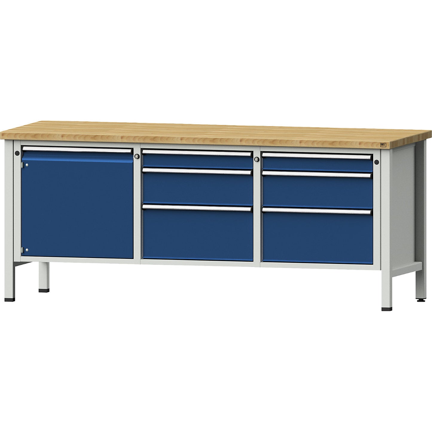 Workbench, Series V frame construction, 1 door 540 mm, 6 drawers, solid beech, full extension.