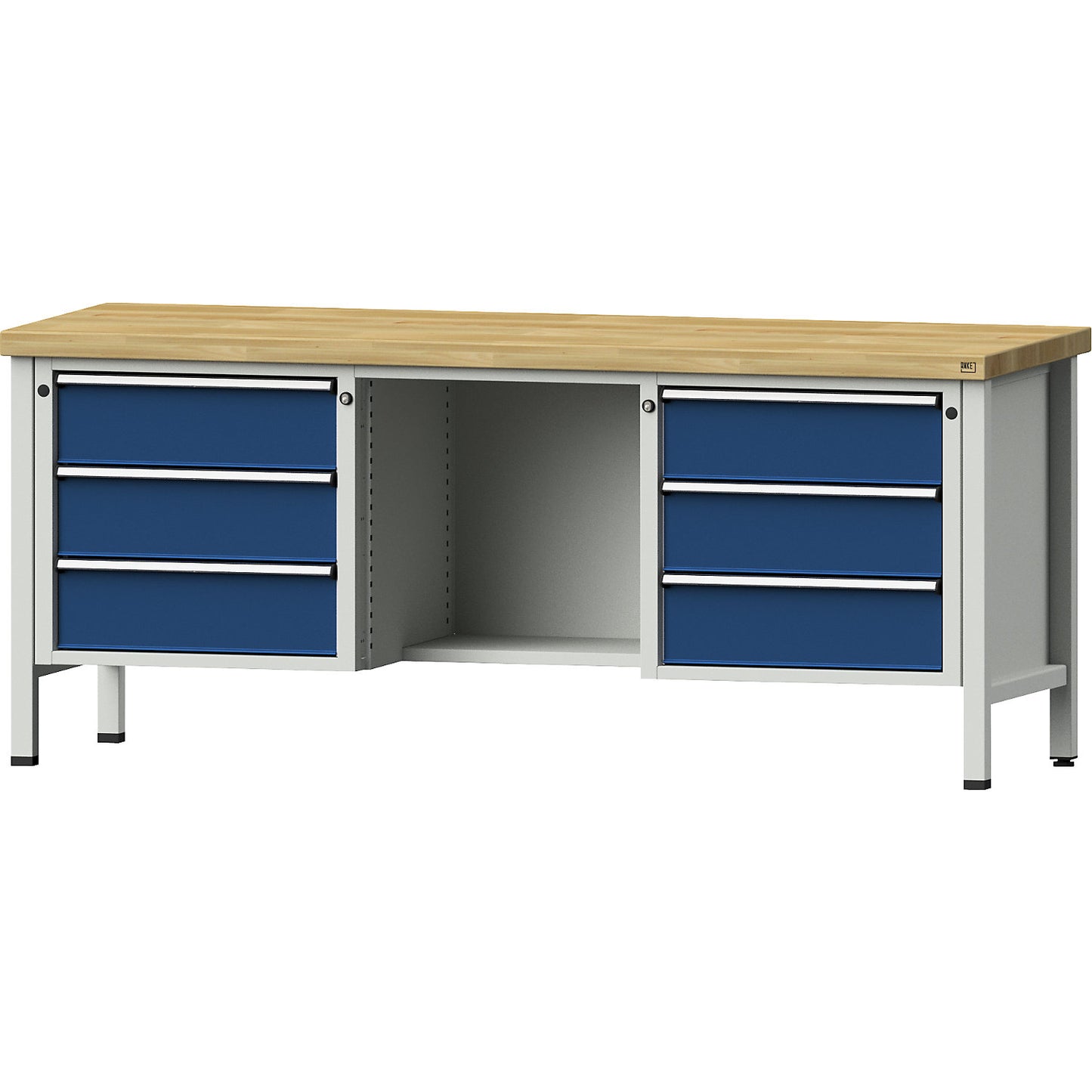 Workbench, Series V frame construction, 6 drawers, ½ shelf, solid beech, full extension.