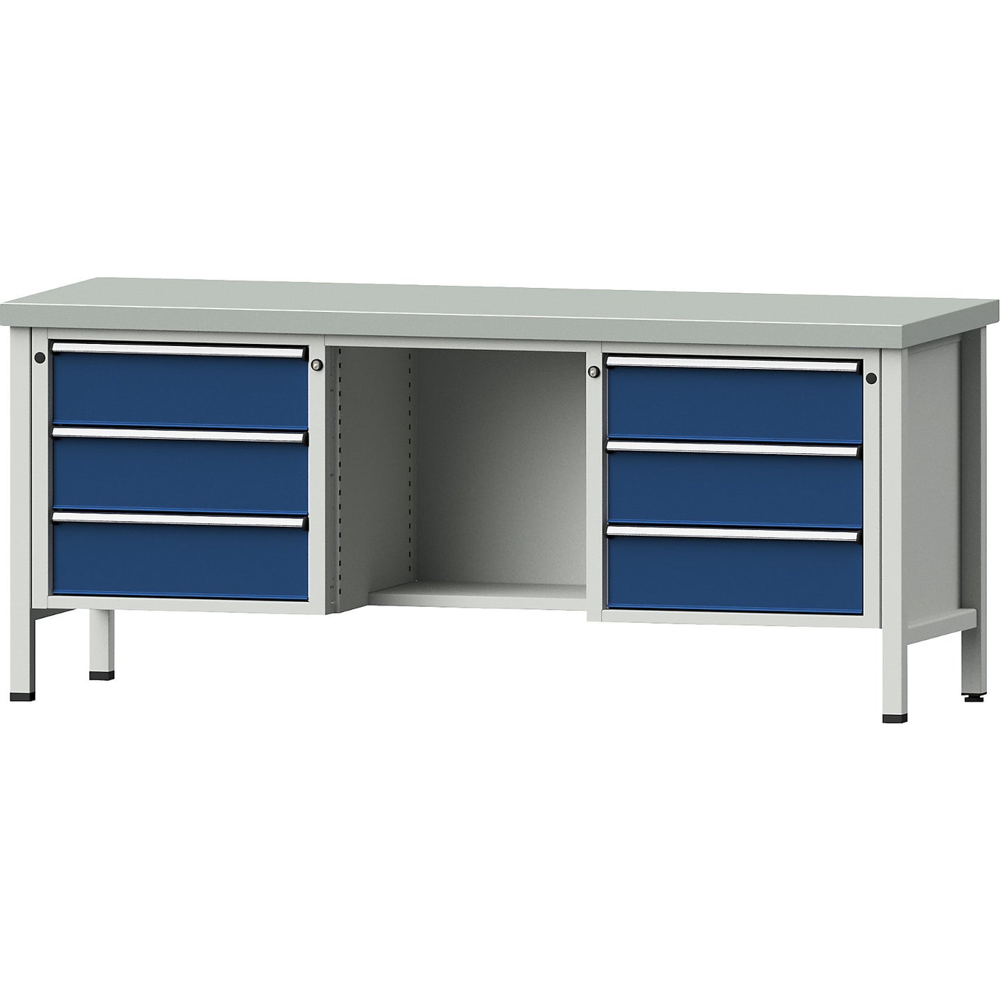 Workbench, Series V frame construction, 6 drawers, ½ shelf, sheet steel covering, full extension.