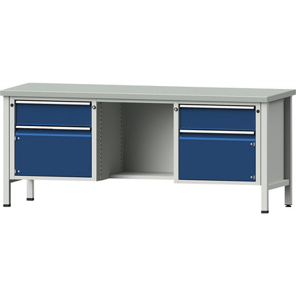 Workbench, Series V frame construction, 2 drawers, 2 doors, ½ shelf, sheet steel covering, partial extension.