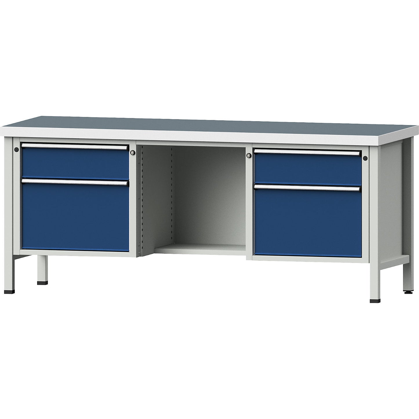 Workbench, Series V frame construction, drawers 2 x 180 mm, 2 x 360 mm, ½ shelf, universal worktop, full extension.