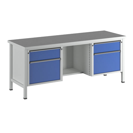 Workbench, Series V frame construction, drawers 2 x 180 mm, 2 x 360 mm, ½ shelf, universal worktop, full extension.